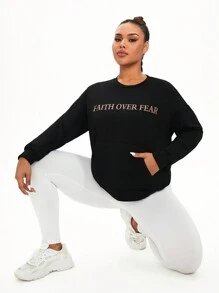 SHEIN Sports Plus Size Women's Loose Casual Printed Sweatshirt - Black - View 3