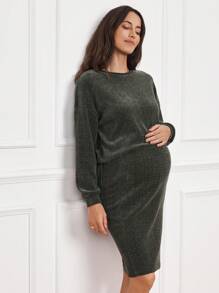 SHEIN Bộ 2 áo bầu cổ tròn trễ vai và chân váy bó sát eo có thể điều chỉnh màu trơn, Thu/Đông - xanh quân đội - Xem 9