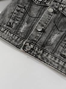 SHEIN Playful Pals Áo khoác denim in khẩu hiệu rách nhẹ phong cách đường phố cho bé trai - Xám - Xem 4