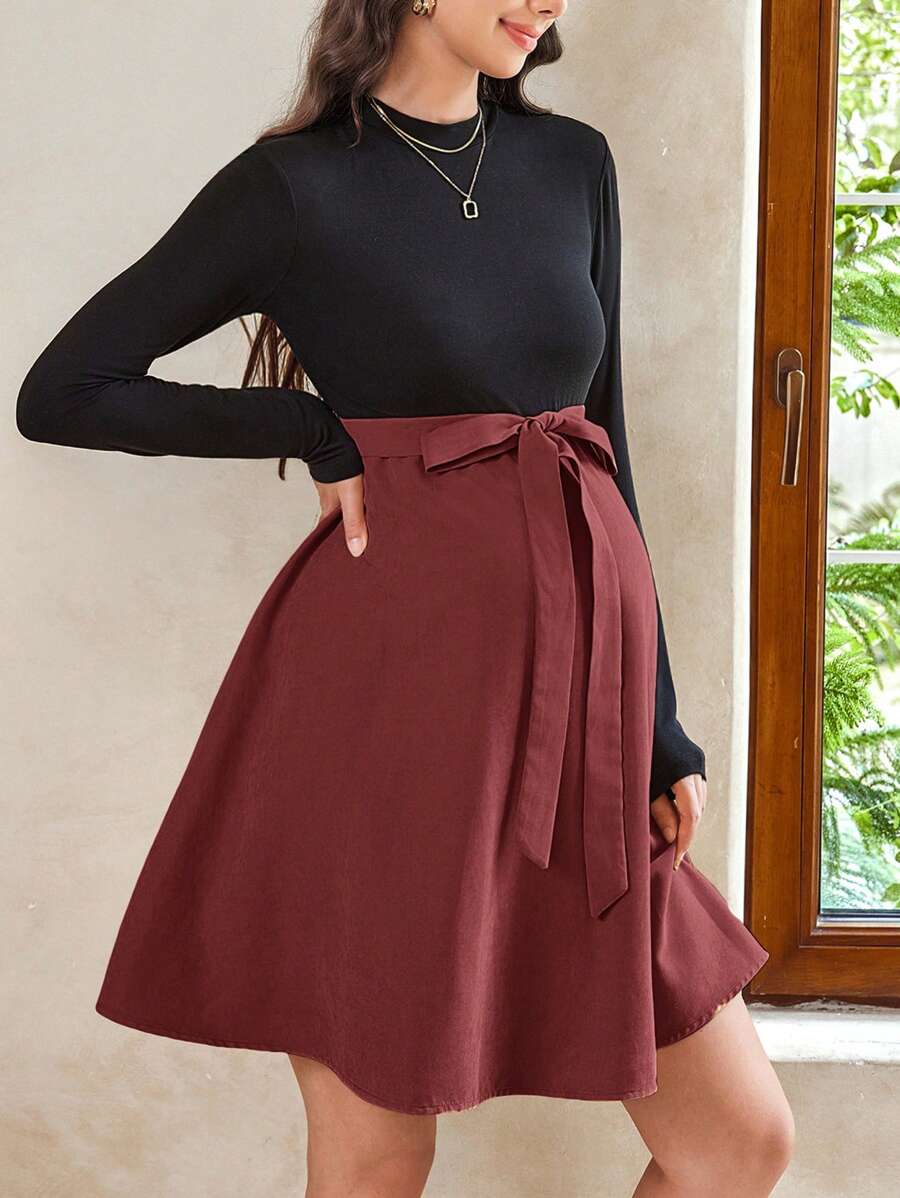 SHEIN MaterniWear Maternity Baby Shower TwoTone Mock Neck Belted Dress