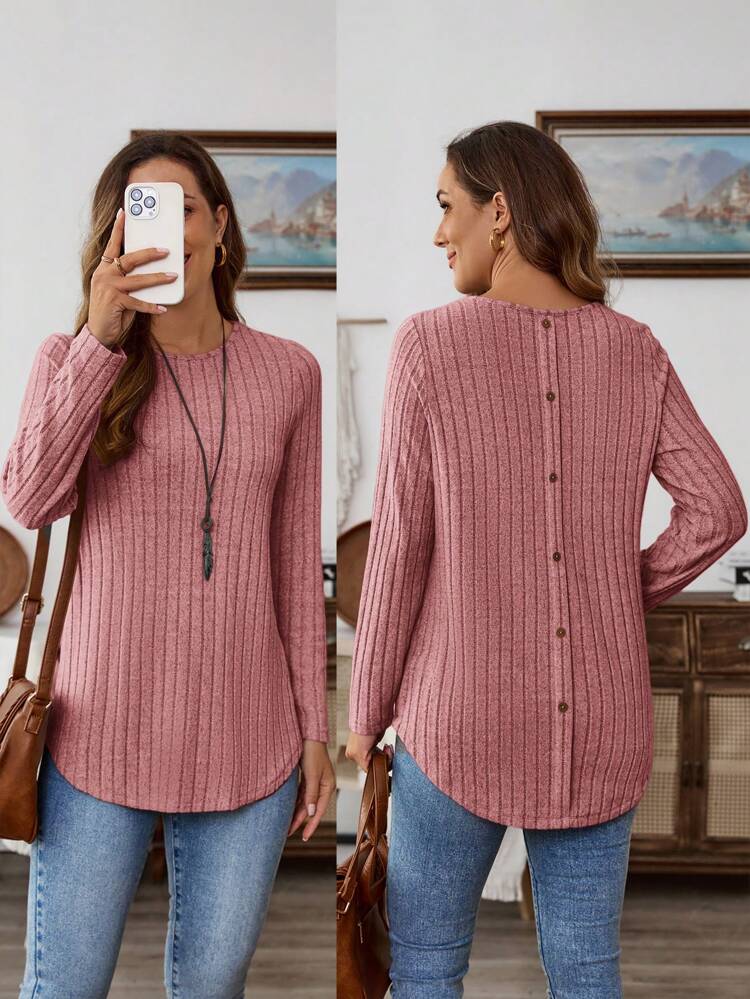 Women's Casual Solid Color Button Back Curved Hem T-Shirt Women Long Sleeve Tops Grey Tops For Women Gray Blouse Women Solid Color T Shirt Tops Women Women Women's Fall Clothes
