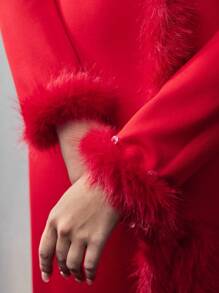 MOTF PREMIUM SOLID FLUFFY TRIM SPLIT THIGH SLIM FIT DRESS WITHOUT BELT - Red - View 3