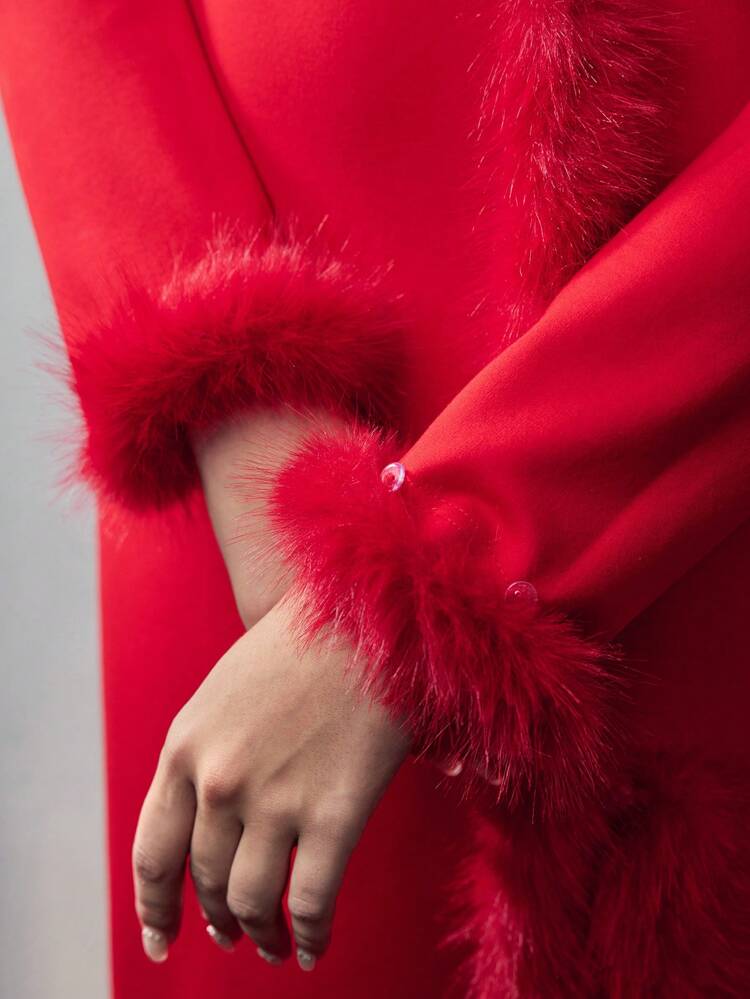 SOLID FLUFFY TRIM SPLIT THIGH SLIM FIT DRESS WITHOUT BELT