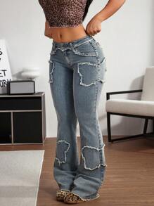 SHEIN Tall Versatile Butterfly Pattern Frayed Hem Flare Jeans, Suitable For All Seasons - Blue - View 5