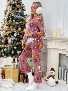 SHEIN 2pcs Christmas Maternity Long Sleeve Top & Pants, For Winter - Multicolor - View 5