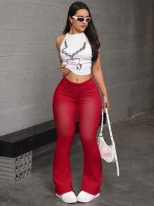 SHEIN ICON Women Waist Ruffle Fringed Flared Casual Versatile Denim Jeans - Red - View 2