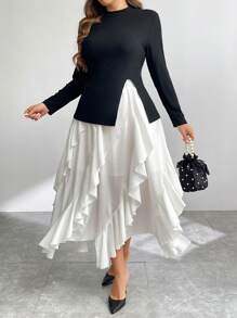 SHEIN Privé Plus Size High-Neck Split T-Shirt & Pleated Mid-Length Skirt 2 Pieces Set - Multicolor - View 3