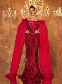 Glamrae Plus Size Red Luxury Sequins Embroidery Turkey Feather Large Shawl Halloween Prom Elegant Formal Evening Dress (Natural Turkey Feather Shoulder) For Wedding Guest, Graduation, Dinner, Party Dress,Gown