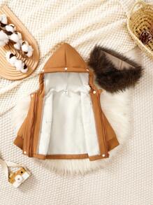 Babyjongen Winter Thermische Gevoerde Capuchon Ritsjack Met Pluizige Kraag En Zakken, Warm En Modieus