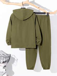 SHEIN 2pcs Tween Boy Half-Zip Hoodie Jacket And Jogger Pants Set, Casual Sports Style, Suitable For Autumn/Winter, Size 10, Color: Black, Green - Army Green - View 2