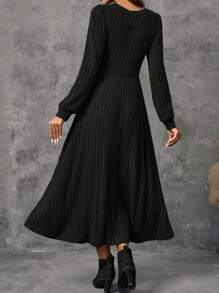 EMERY ROSE 女士秋季纯色圆领泡泡袖罗纹休闲连衣裙 - 黑色 - 查看 2