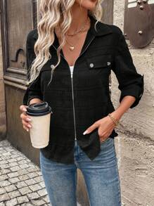 SHEIN LUNE Casual Zip-Up Collar, Pocket Decoration, Versatile Women Shirt For Daily Wear