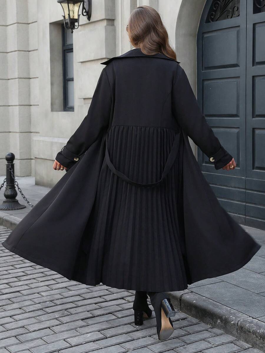 SHEIN LUNE 大码休闲翻领双排扣轻便风衣，适合秋季户外穿着 - 黑色 - 查看 1