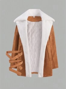 Áo khoác đệm tay dài màu trắng cổ lông cỡ lớn màu kaki cho bé gái tuổi teen, mùa đông - Màu Khaki - Xem 3