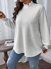 Calvaya Plus Size Casual Textured Plain Stand Collar Loose Shirt, Autumn