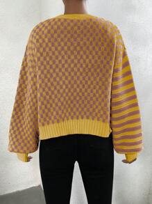 Chiquease Cárdigan casual de mujer con mangas farol, estampado a rayas, parches y diseño de damero, ideal para otoño/invierno