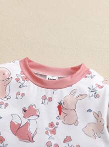 SHEIN Playful Pals 2 件装女婴粉色花卉印花荷叶边袖裤子和长袖休闲舒适家居服套装