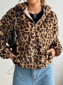 SHEIN Unity Women's Autumn/Winter Fashion Leopard Print Fleece Hoodie - Khaki - View 5