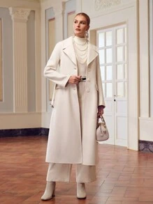 ZEYLAH WOOL LAPEL COLLAR FLAP DETAIL BUCKLE BELTED OVERCOAT - Beige - View 4