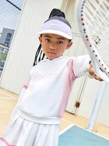 SHEIN Young Girl' Sporty Hoodies Knitted Pullover Sweatshirt With Contrast Color Panels And Reflective Strips, Everyday Casual Wear