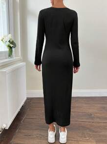 RueChic Gold Button Detailed V Neck Long Sleeve Bodycon Dress - Black - View 2