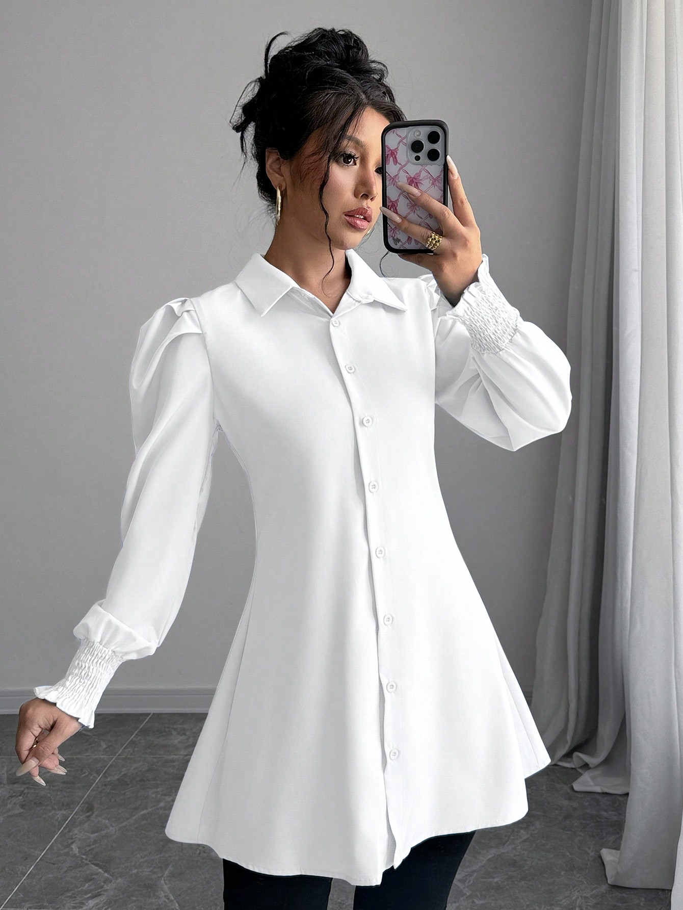 Chiquease قميص كاجوال للنساء بأكمام منفوخة ذو لون...