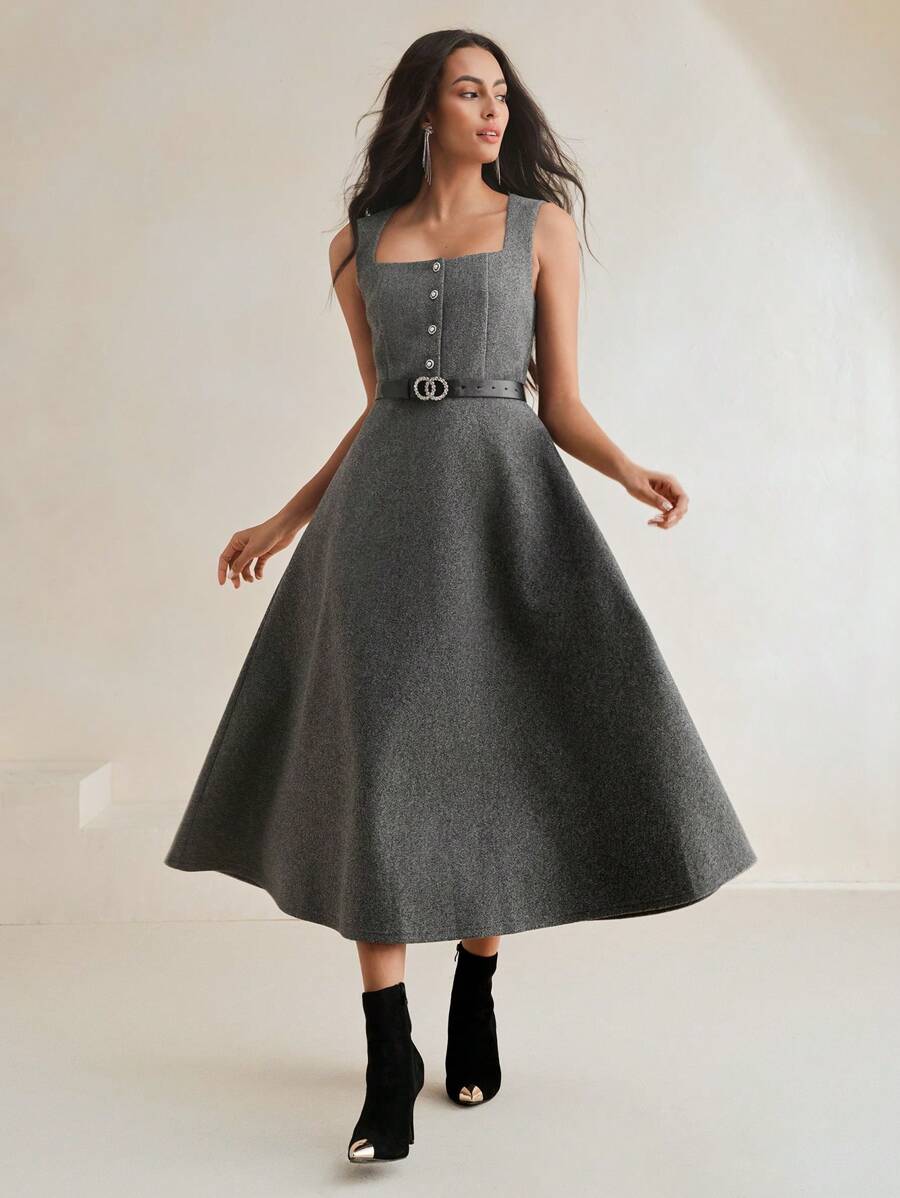Anewsta 1 件女式无袖仿珍珠纽扣腰带优雅连衣裙 - 灰色 - 查看 1