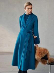 MOTF PREMIUM WOOL SHAWL COLLAR FLUFFY CUFF BELTED OVERCOAT - Blue - View 4