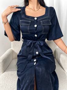 Modelyn Vestido de manga corta con cuello cuadrado, botones frontales y cintura de corbata, para primavera/otoño, casual diario/viaje/vacaciones/fiestas, vestidos largos para eventos de noche - Azul - Ver 7