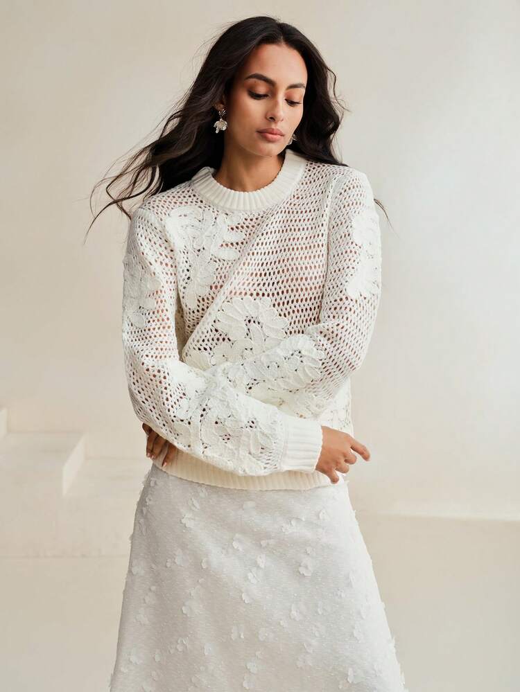 Hollow-Out Embroidered Loose Knitted Sweater, Fall Winter