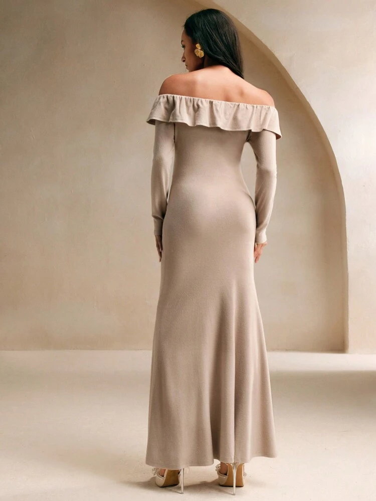 Women Elegant Off Shoulder Ruffle Frill Slit Dress