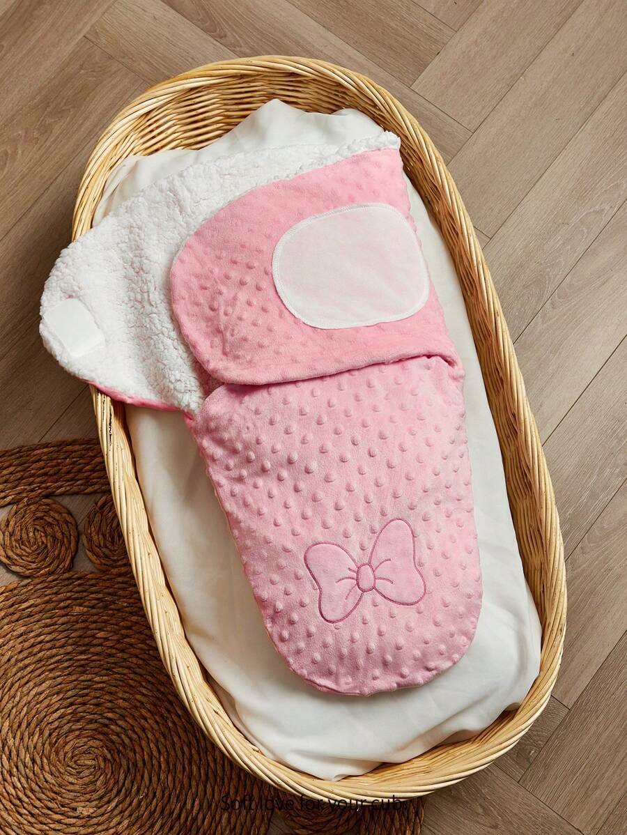 Cozy Pixies 1pc Soft Double-Layer Baby Swaddle Blanket With Pink Bow Embroidery - Pink - View 1