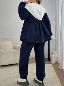 SHEIN 2 件套孕妇休闲拼色长袖连帽衫和裤子套装，裤子套装，秋季