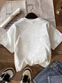 SHEIN EZwear 大码樱桃图案圆领短袖 T 恤，休闲宽松套头衫，大码，夏季 - 白色 - 查看 4