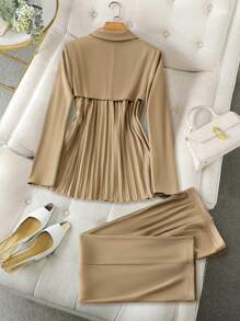 Seusyu Women Casual Solid Color Lapel Single Breasted Blazer And Pants Suit Set, Autumn 2 Pieces Set Fall Cloth For Women - Khaki - View 2