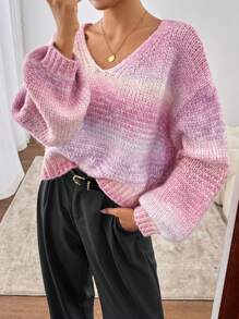 Chiquease Sweter damski z dekoltem w serek ombre, długimi rękawami i opadającymi ramionami, luźny, na jesień/zimę, dzianinowy - Różowy - Zobacz 6