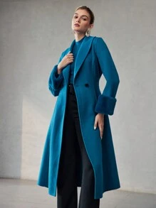 MOTF PREMIUM WOOL SHAWL COLLAR FLUFFY CUFF BELTED OVERCOAT - Blue - View 5