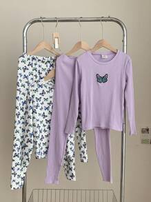 SHEIN Conjunto de 4 peças de camiseta e calças compridas casuais para meninas pré-adolescentes, ajuste confortável, estampa de borboleta, gola redonda, manga comprida, roupa de dormir, outono inverno