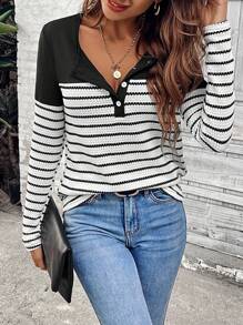 SHEIN LUNE Women's Black And White Striped Patchwork Long Sleeve Textured T-Shirt, Spring/Fall - Black and White - View 6