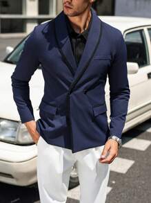 Manfinity Bizformal Men Solid Colored Double-Breasted Casual Long Sleeve Blazer - Navy Blue - View 7