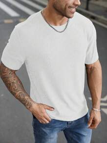 Manfinity Homme Áo thun nam cổ tròn tay ngắn trơn cỡ lớn thường ngày - trắng - Xem 4