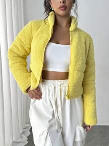 Chiquease 短款纯色羊毛长袖加厚棉服外套冬季 - 黃色 - 查看 5