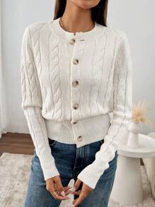 Chiquease 女款杏色圆领长袖粗针织开衫 - 杏色 - 查看 5