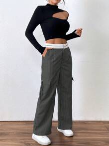 Flirla Women Striped Print Casual Straight Leg Pants With Pockets