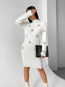 Chiquease 女士秋冬高领紧身雪花图案长袖连衣裙 - 白色 - 查看 6