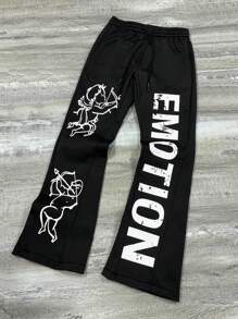 Manfinity EMRG Men's Casual American Street Style Letter & Angel Print Sweatpants, Autumn, Y2k Angel Graphic Drawstring Waist Sweatpants, Black Street Wear Long Sweatpants, For Husband, Boyfriend Gifts