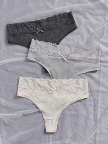 3pcs/Set Plus Size Lace Trim Thong Panties