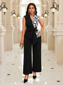 SHEIN Lady Women's Black And White Summer Elegant Office Suit Set,Lapel Asymmetric Wrap Two Pieces Fall Outfits Casual Cocktail Valentine's Day Straight Dress - Black and White - View 5