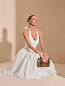 SHEIN BAE Robe blanche pure à col en V profond avec cravate à la taille et manches bouffantes pour occasions formelles, remise de diplômes, soirée cocktail, rendez-vous romantique, superposition d'hiver, fête, boîte de nuit, robe de demoiselle d'honneur, tenue de soirée, Halloween, Noël