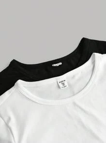 SHEIN Girlism Bộ 2 áo thun dài tay cổ tròn nhún bèo màu trơn thường ngày cho bé gái tuổi teen - Đen và trắng - Xem 3